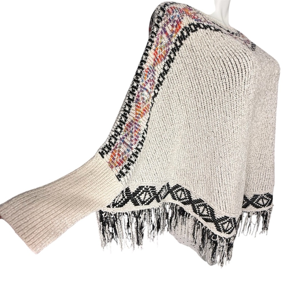 Tribal Design Chenille Poncho Sweater Fitted Cuff - Picture 6 of 11